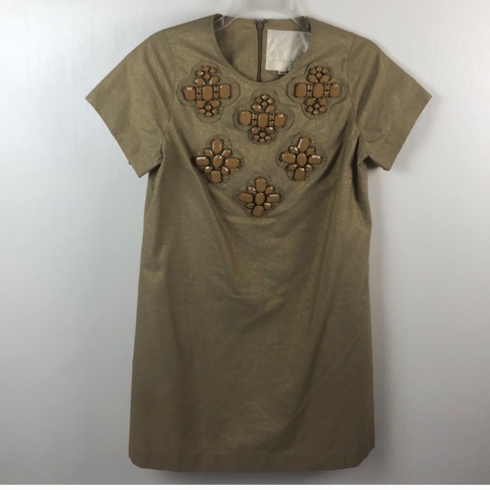 EUC Anthropologie Olive & Gold Embellished Dress